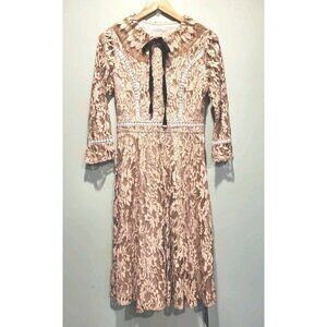 New Beige Lace 1/2 Button Round Collar Fit And Flare Midi Dress Sz L Cottagecore